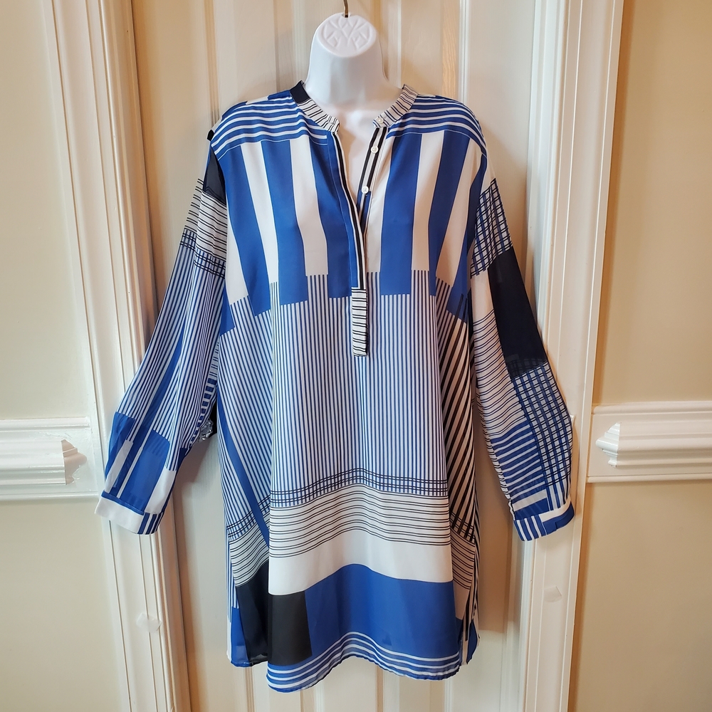 LOFT- Geometric Abstract Striped- Mini Shirt Dress- Tunic Sz. XL
